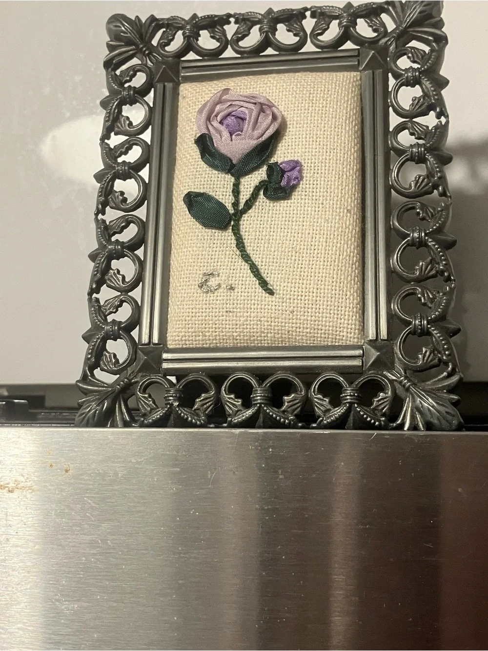 Handcrafted Needlepoint Victorian Lavender Rose Pewter Frame Accent 3 1/2 -4 1/2